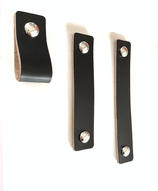 Black Genuine Leather square ends Drawer Pull with chrome screw head