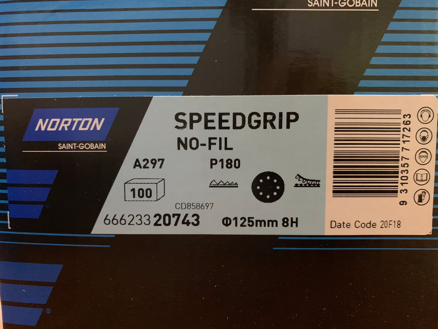 Pack of 10 - Norton Speedgrip 125mm P180 sanding disc