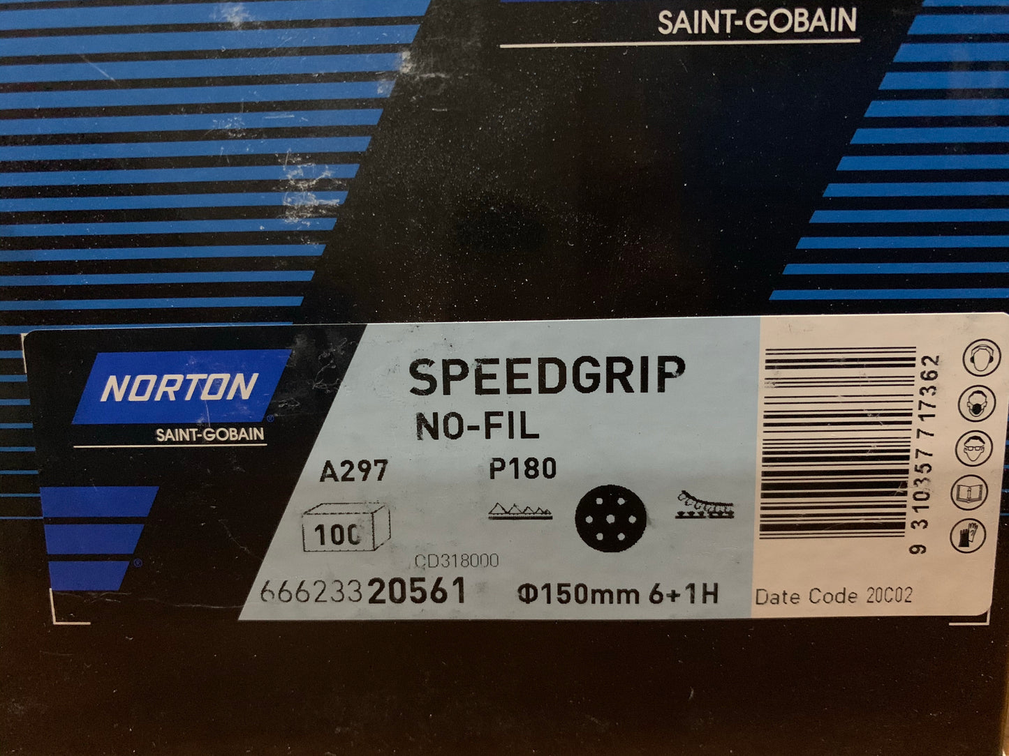 Pack of 10 - Norton Speedgrip 150mm P180 6+1 holes sanding disc