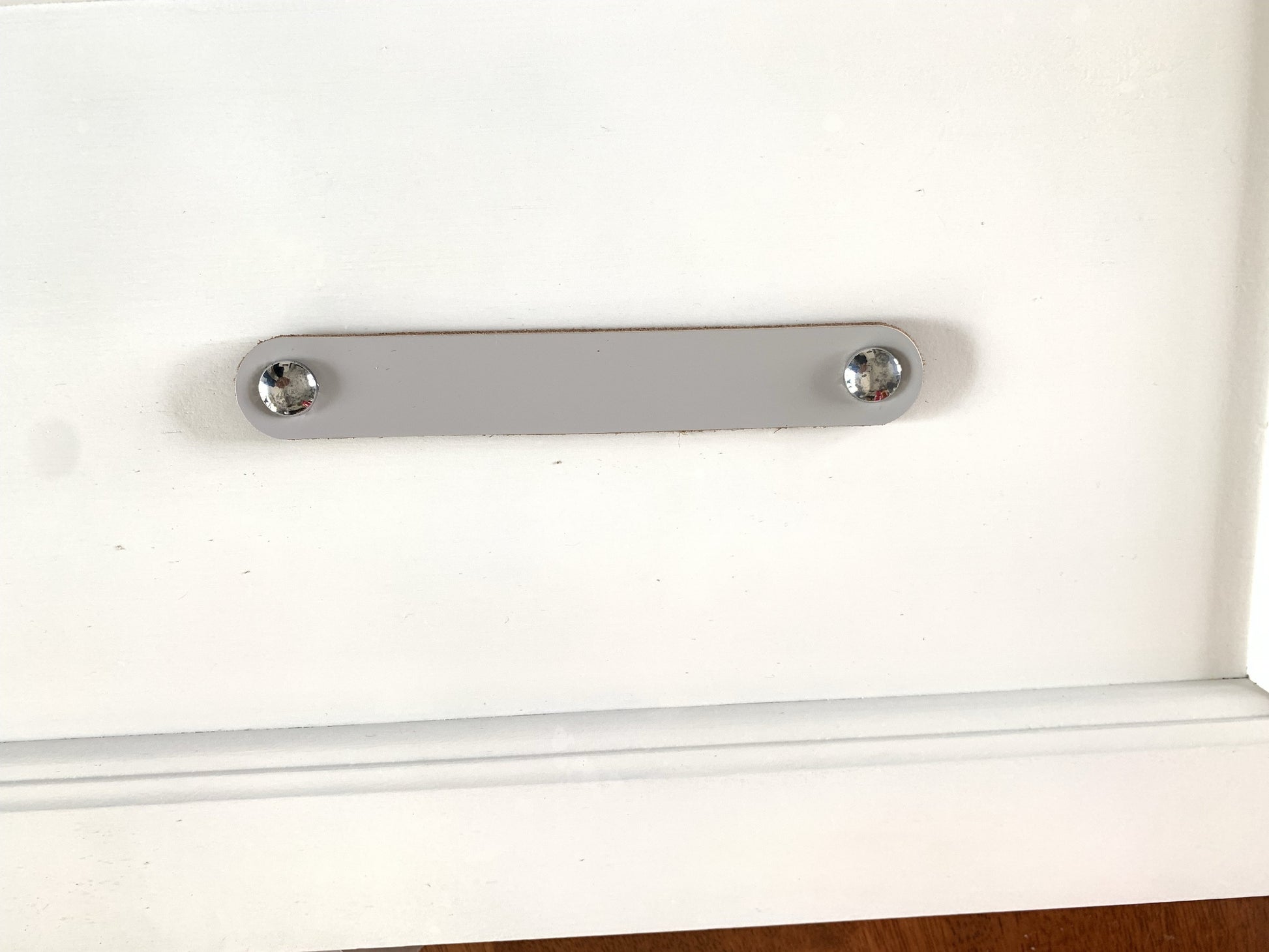 Light Grey Genuine Leather Drawer Pull with chrome screw head